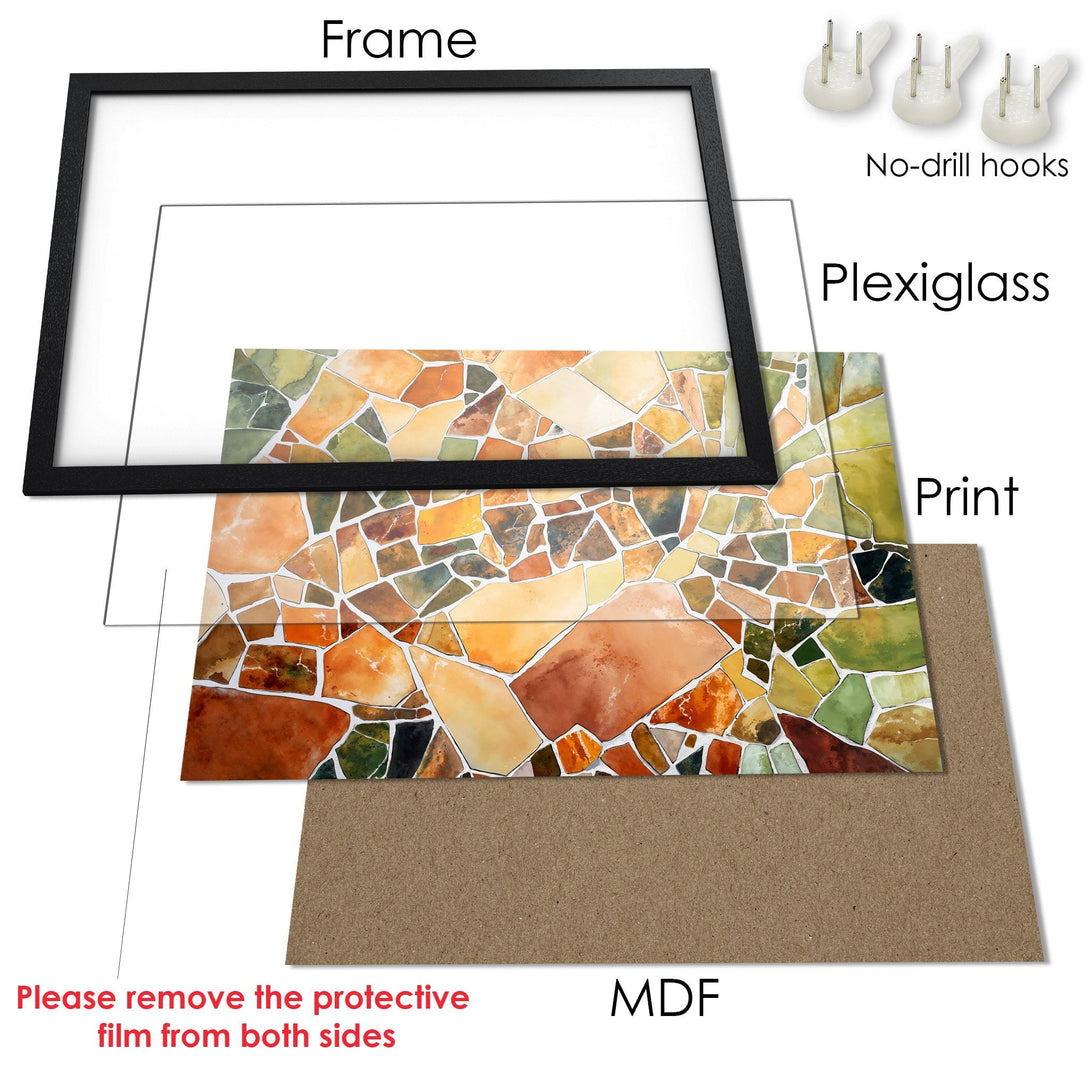 Framed Poster with abstract mosaic art in warm earth tones. Perfect wall decor. Easy to hang.