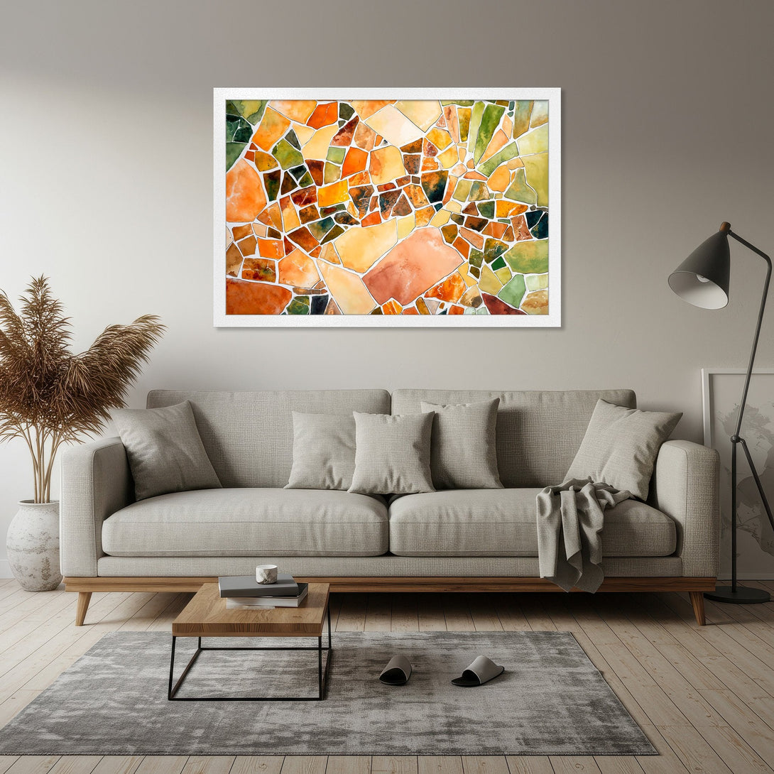 Framed Poster featuring abstract mosaic art in warm orange, green, and yellow tones. Perfect wall decor for a modern living room.