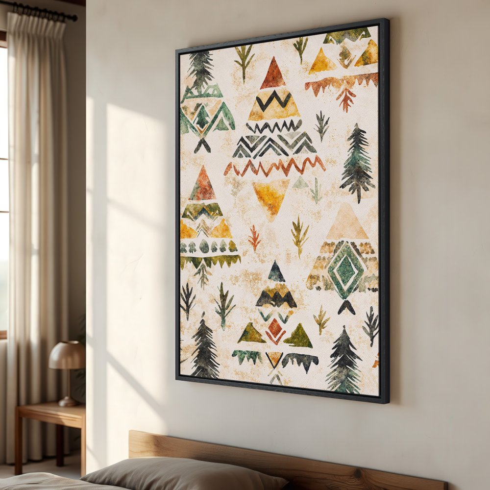 Framed Wall Art: Boho-style Canvas Print with geometric trees in warm earth tones. Perfect for adding a touch of nature to your home decor.