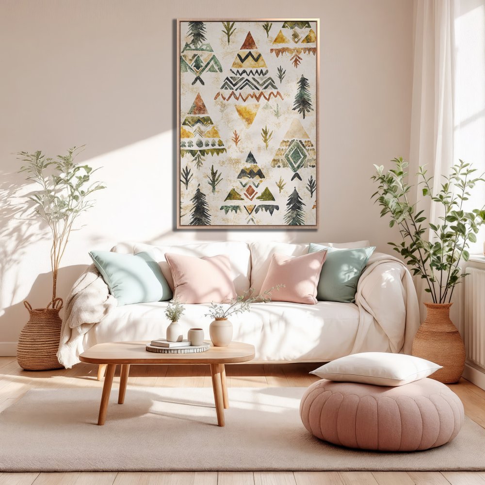Framed Wall Art: Abstract geometric trees in warm, earthy tones. Perfect for adding a touch of boho style to your living room.