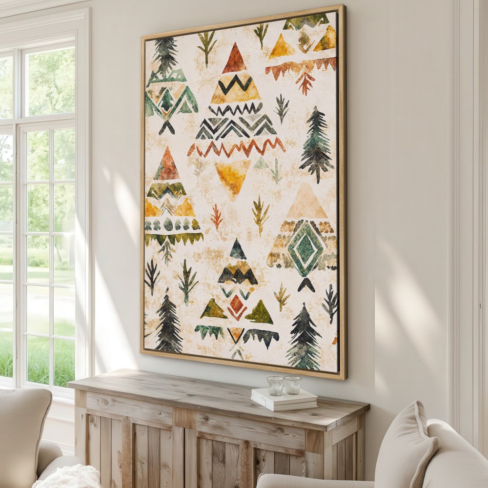 Framed Wall Art: Abstract watercolor print with earthy tones and geometric shapes. Perfect for adding a touch of bohemian style to your home.