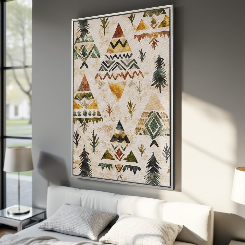 Framed Wall Art: Bohemian-style canvas print featuring geometric trees in earthy tones. Perfect for bedroom decor!