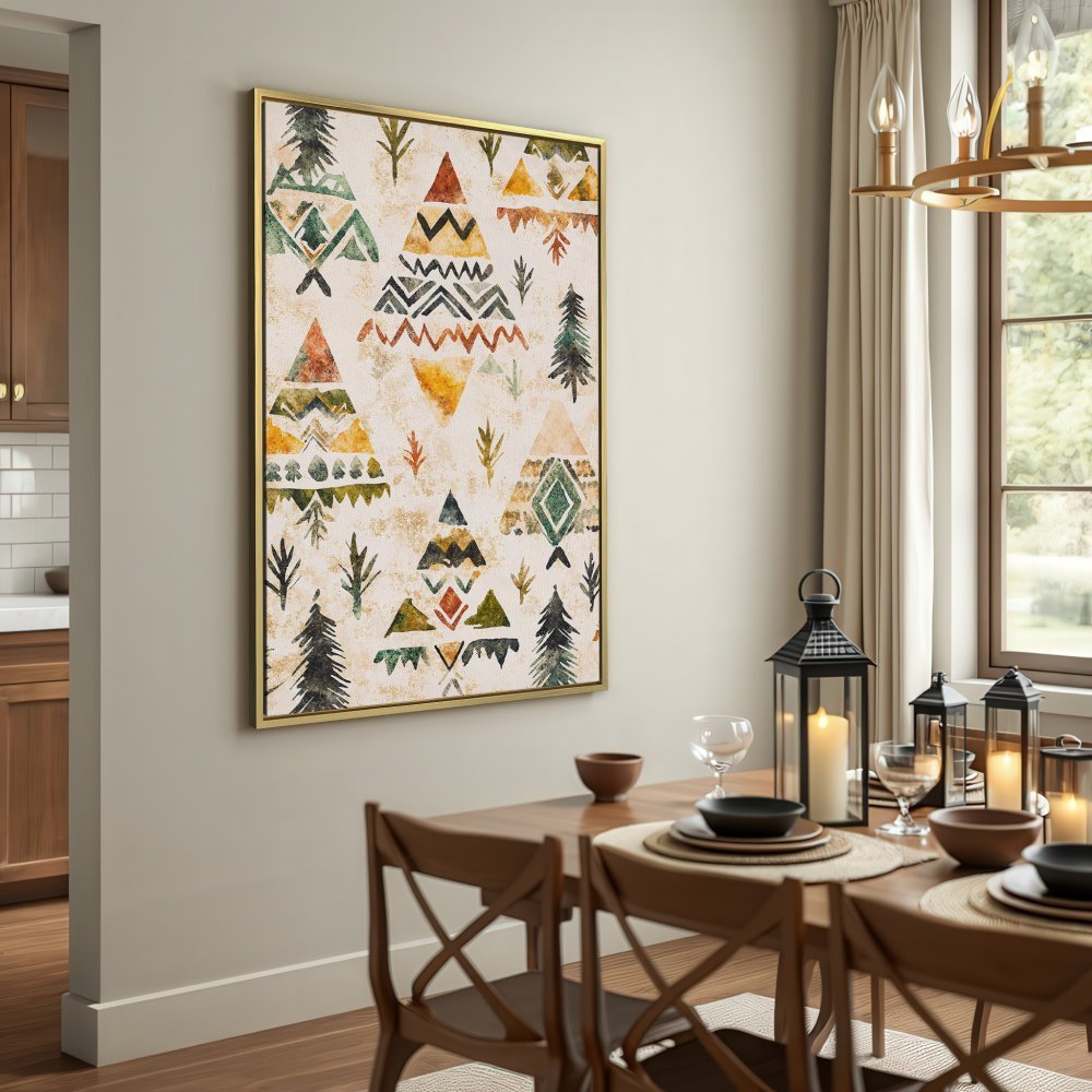 Canvas Print featuring geometric trees in earthy tones, perfect for rustic home decor.