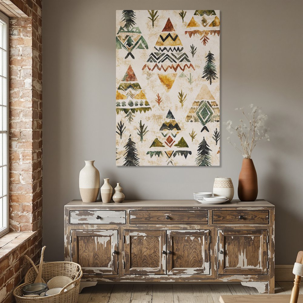 Framed Wall Art featuring a bohemian tribal pattern in earthy tones. Perfect for adding a touch of modern art to your dining room.