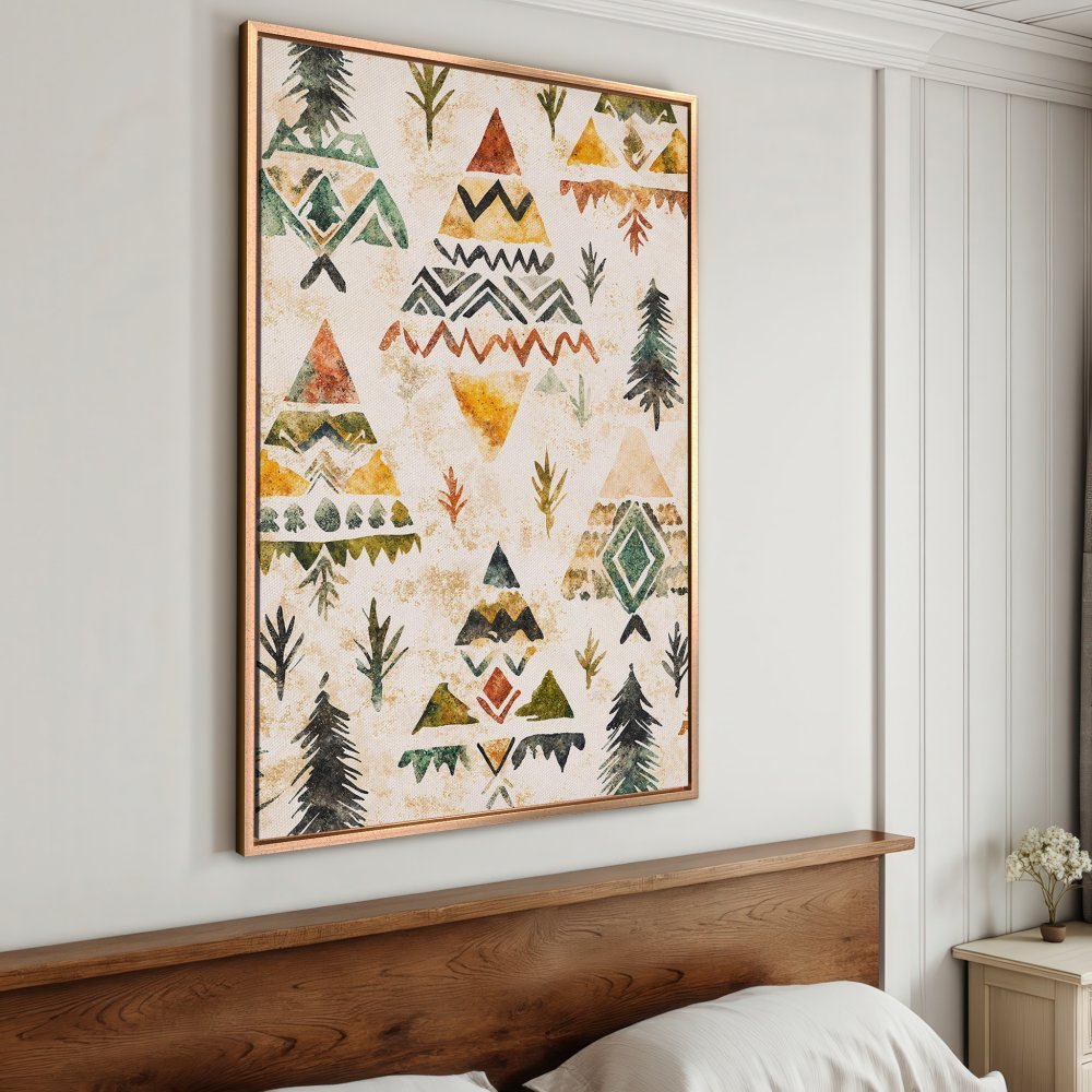 Framed Wall Art featuring an abstract watercolor pattern of trees in earthy tones. Perfect for adding a touch of bohemian style to your bedroom decor.