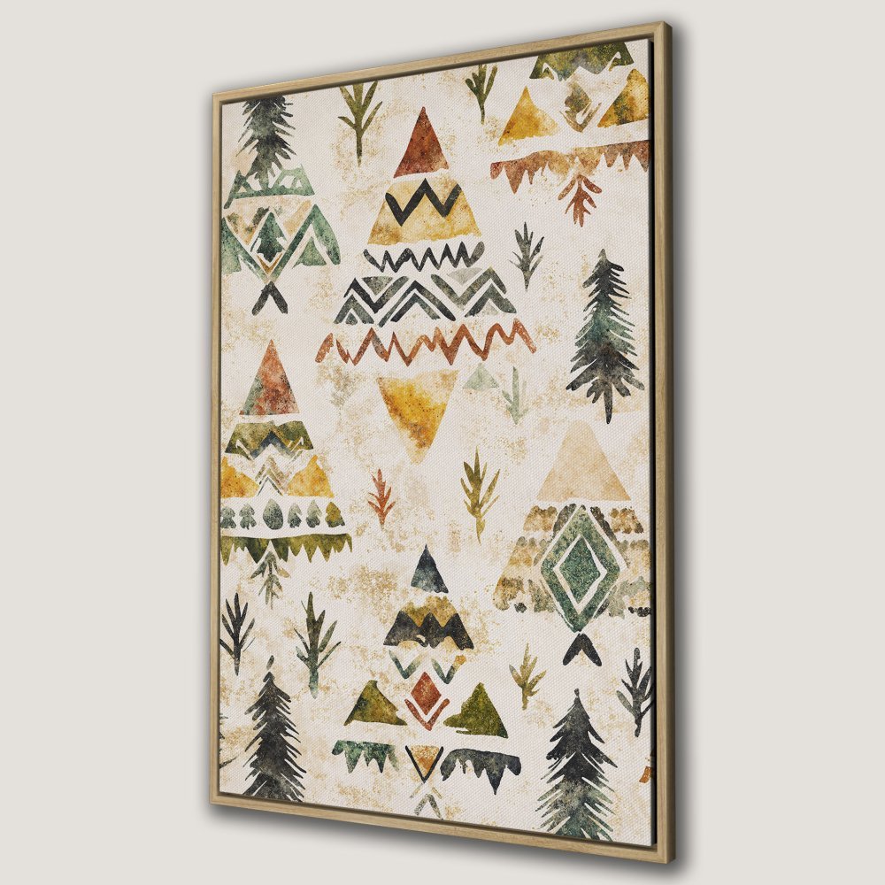 Framed Wall Art: Watercolor tribal pattern canvas print in earthy tones. Add bohemian style to your home decor with this unique artwork.