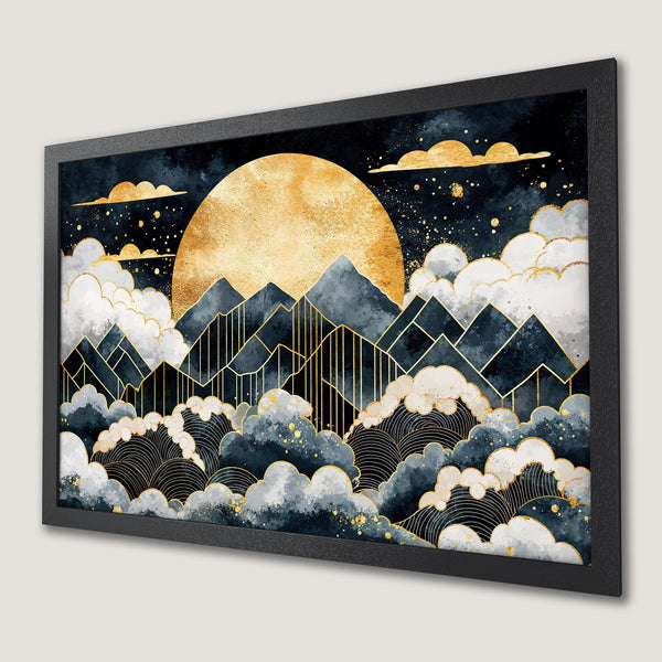 Framed Poster featuring a golden moon over geometric mountains, in a watercolor style with a navy and gold color palette.