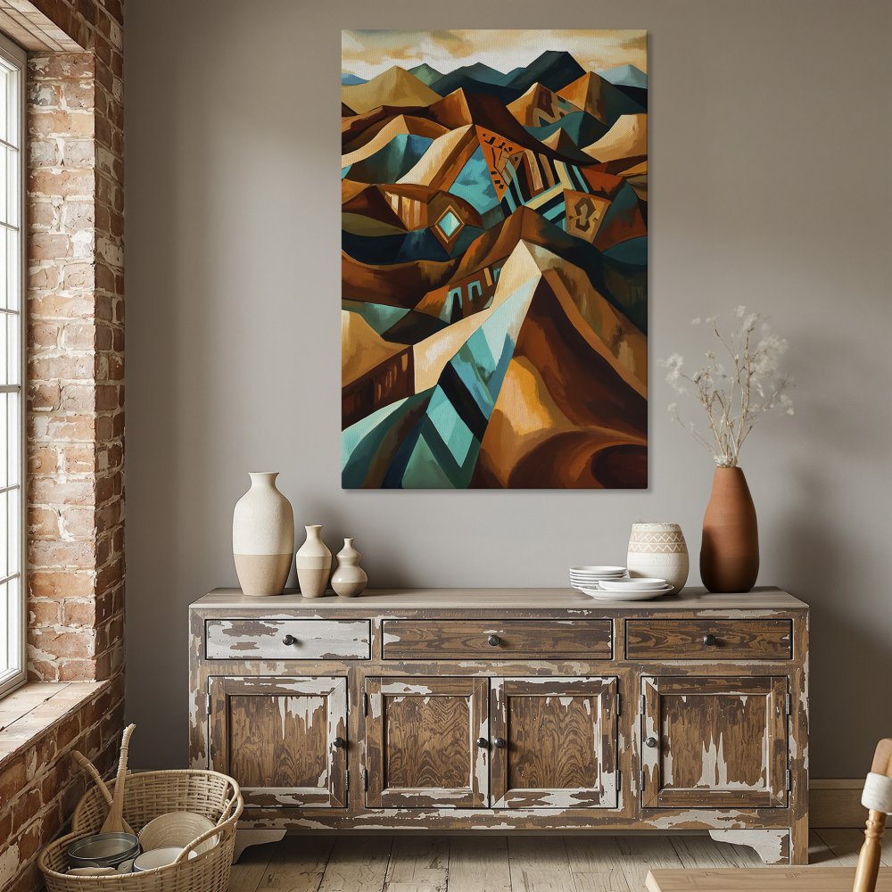 Framed Wall Art: Abstract landscape Canvas Print in warm earth tones, featuring geometric shapes and turquoise accents. Perfect for modern home decor.