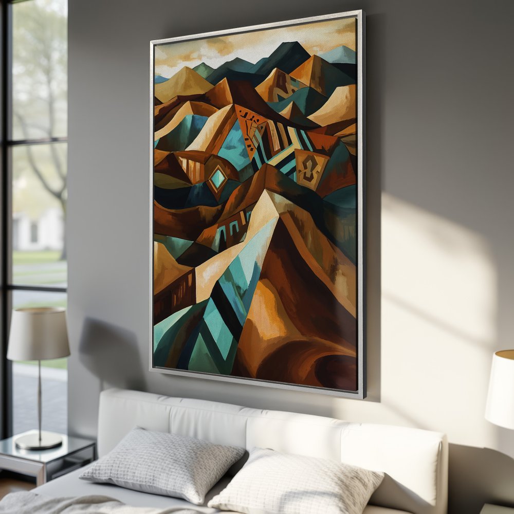 Framed Wall Art: Abstract mountain landscape in warm earth tones and teal. Modern art Canvas Print for bedroom decor.