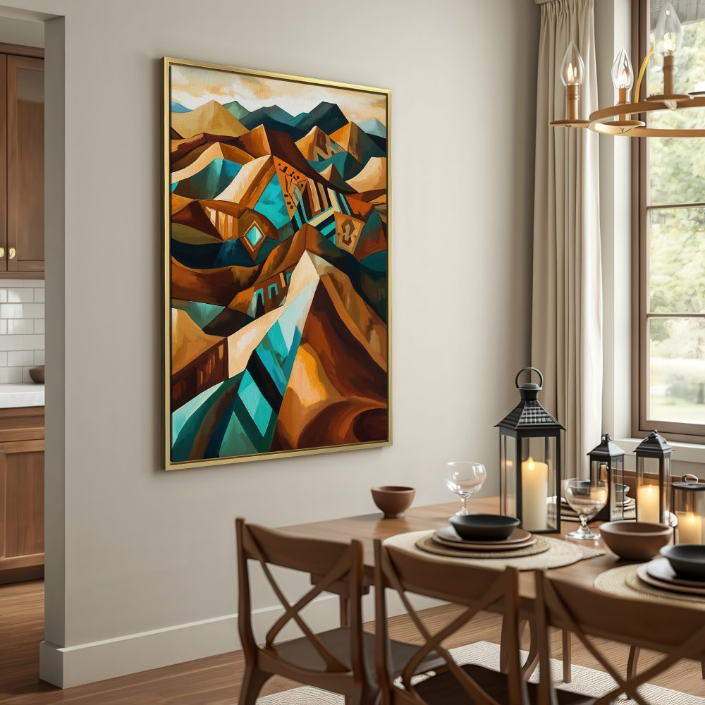 Abstract mountain Canvas Print in warm earth tones and teal. Modern art for home decor.