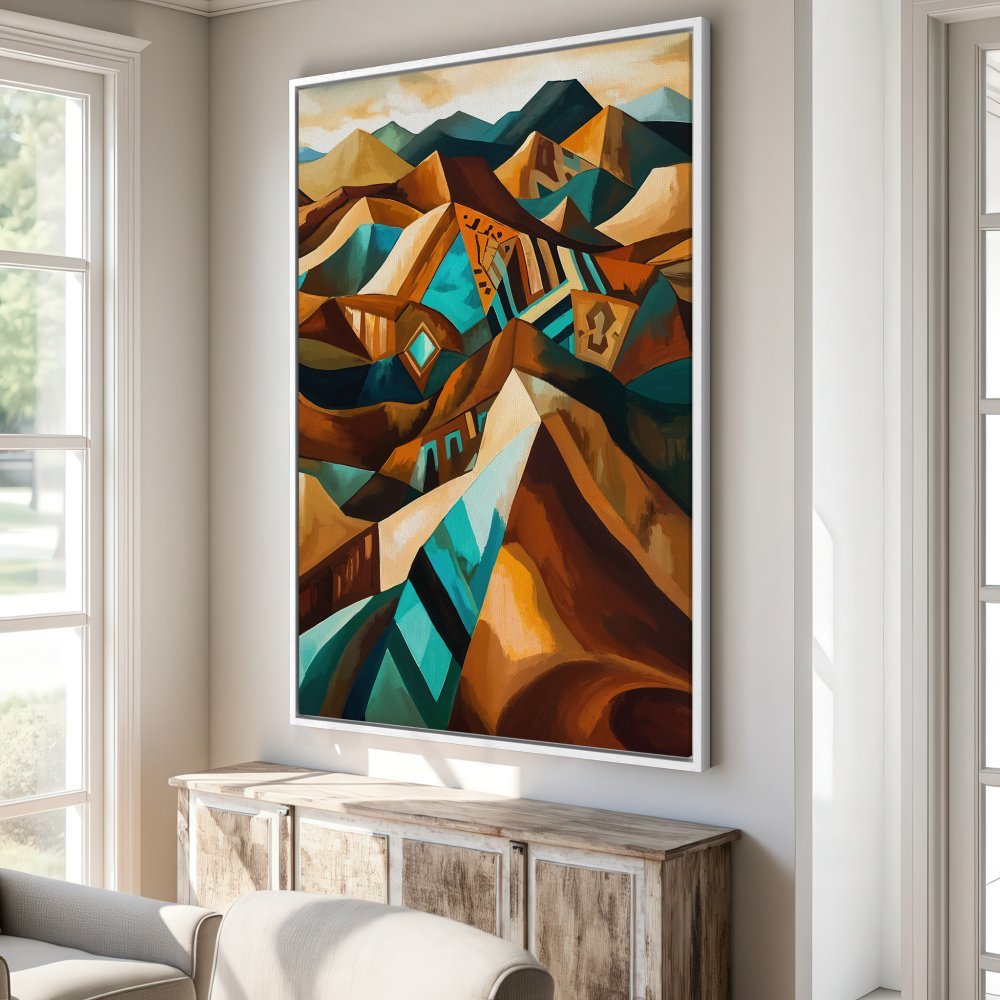 Framed Wall Art: Abstract mountain landscape in warm earth tones with teal accents. Add a touch of modern art to your home!