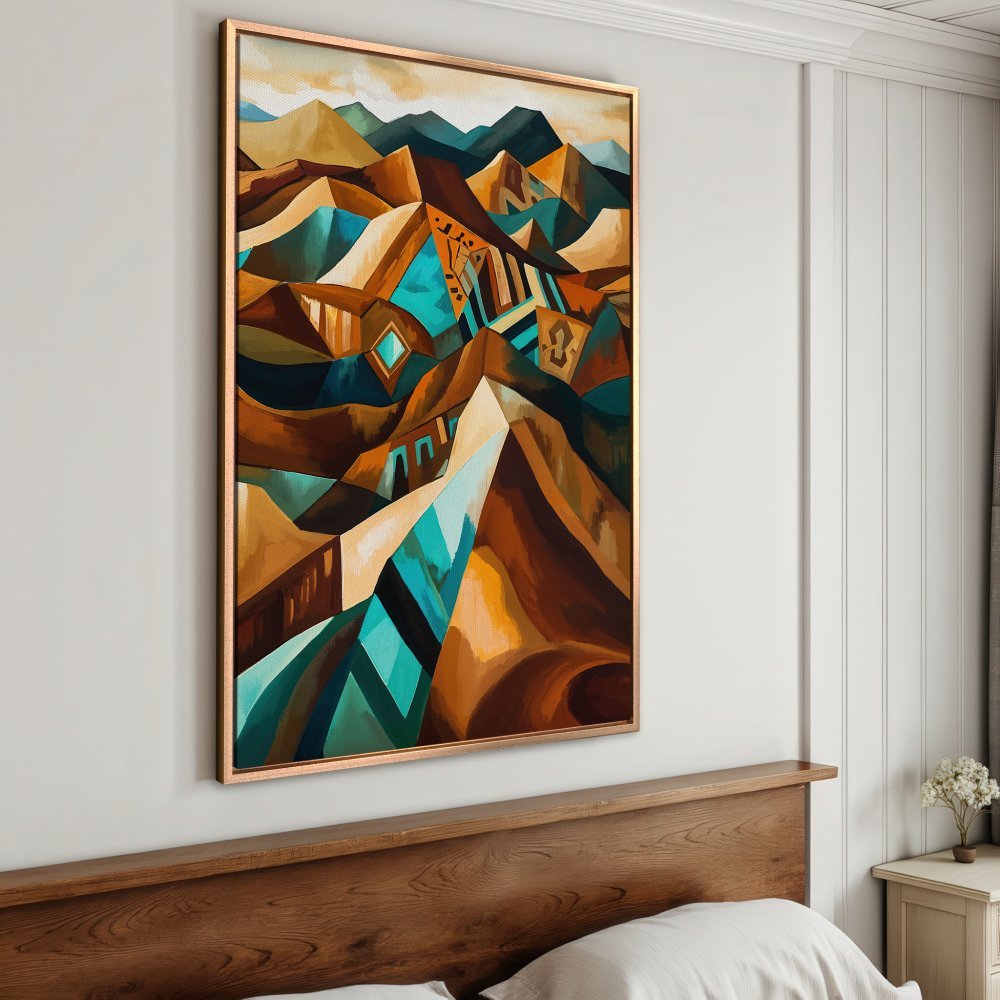 Framed Wall Art: Abstract mountain landscape Canvas Print in warm earth tones with teal accents. Modern art for your home decor.
