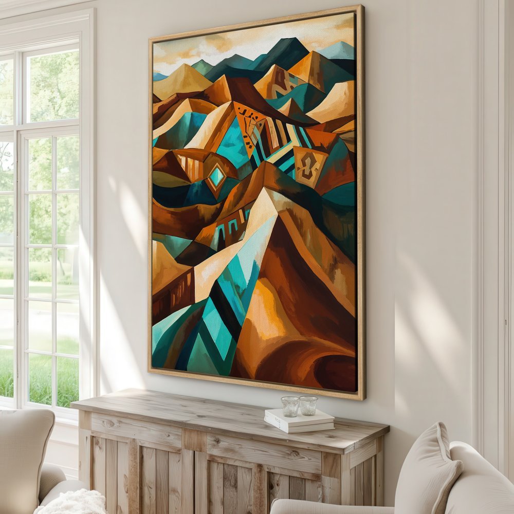 Framed Wall Art: Abstract mountain landscape Canvas Print in warm earth tones and teal accents. Modern art for your home decor.