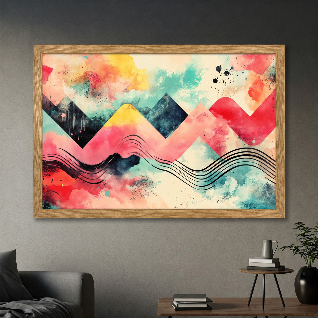 Framed Poster featuring abstract watercolor art in vibrant red, yellow, and blue hues. Modern style art print for home decor.