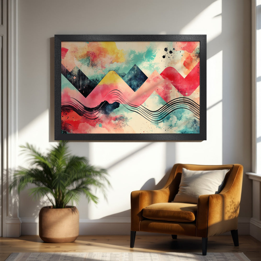 Framed Poster featuring abstract watercolor art in vibrant red, teal, and yellow tones. Modern art for your home decor.