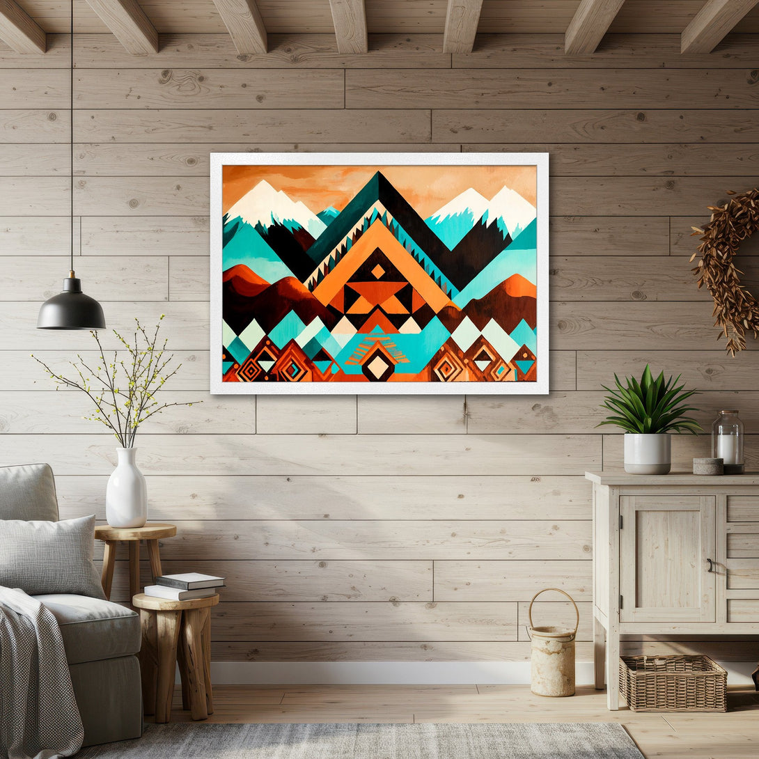 Framed Poster featuring geometric mountain art in teal, orange, and brown. Perfect for modern home decor!