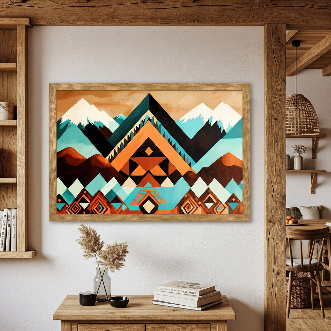 Framed Poster featuring a geometric mountain landscape in warm earth tones with teal and white accents. Perfect wall art!