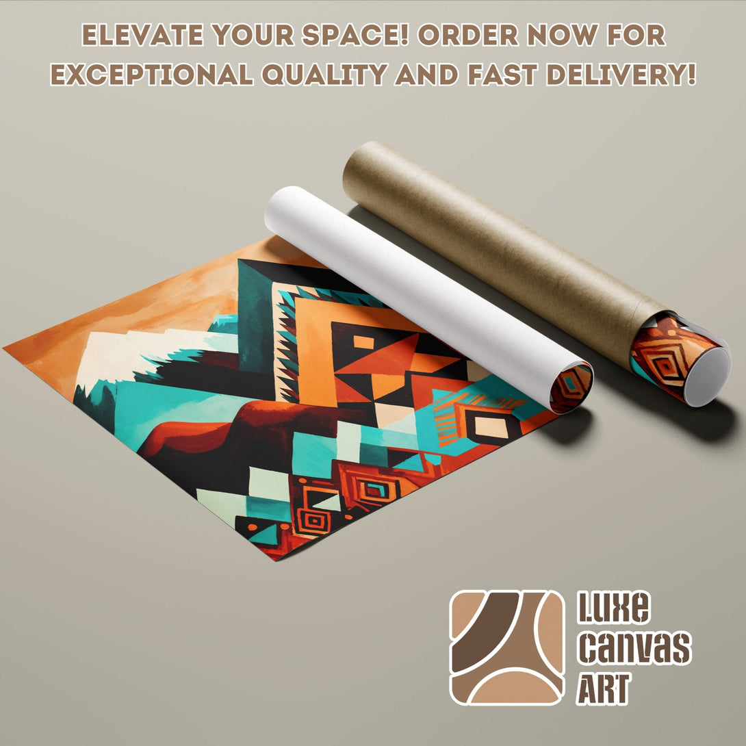 Abstract art poster roll in warm orange, teal, and black color palette. Elevate your space!