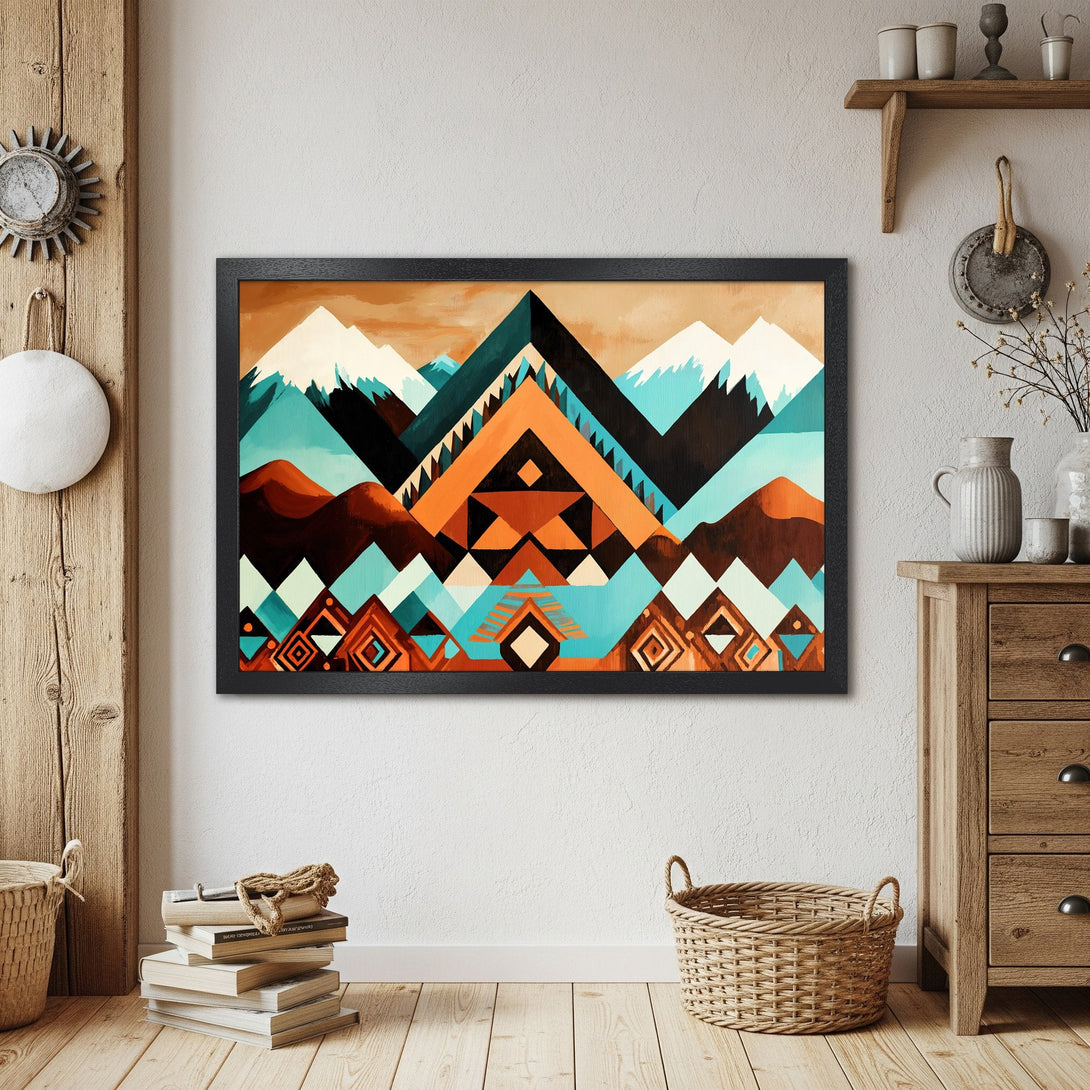 Framed Poster featuring geometric mountain art in teal, orange, and brown tones. Perfect wall decor for a modern, rustic aesthetic.