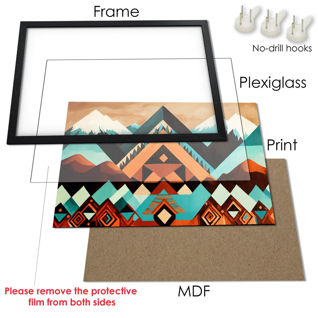 Framed Poster featuring a mountain landscape in a geometric style with a warm color palette. Perfect wall art for your home!