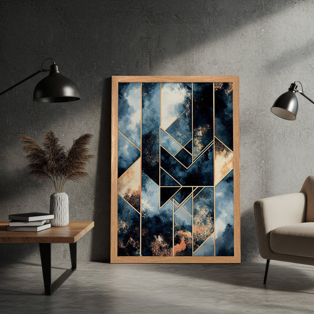 Framed Poster featuring abstract geometric art in blue, gold, and beige tones. Modern style wall art.