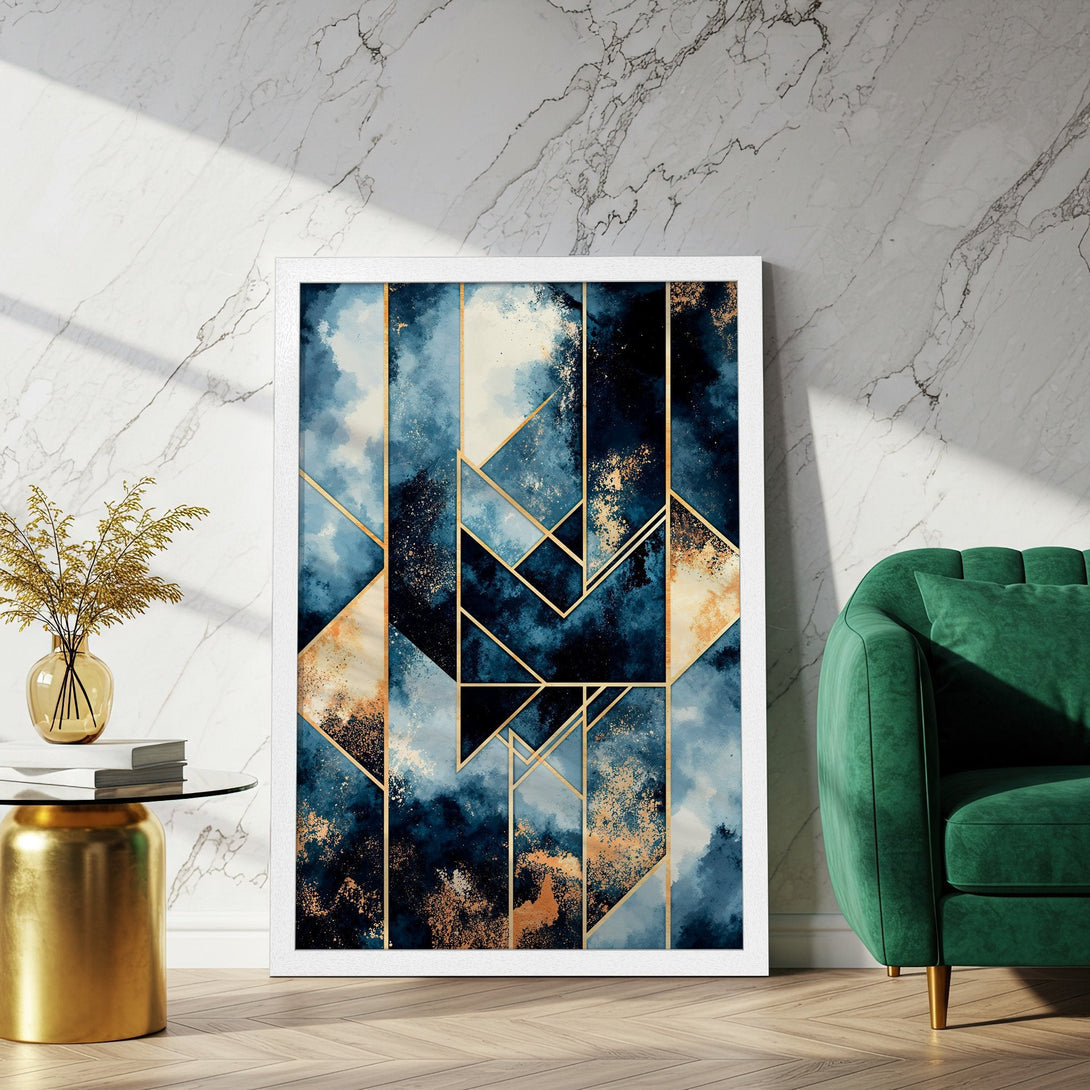 Framed Poster featuring abstract geometric art in blue, gold, and white. Modern art print for home decor.