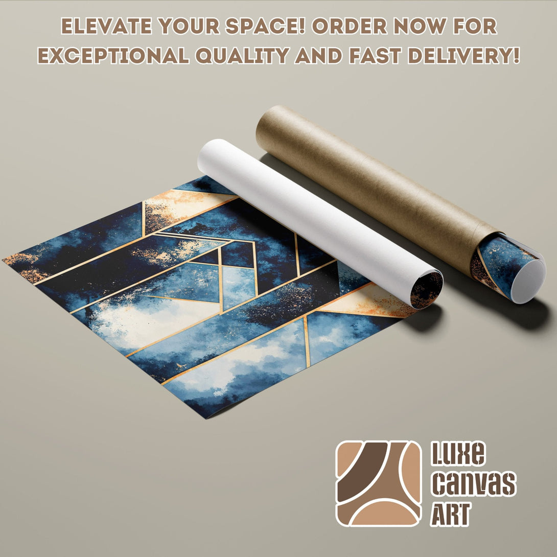 Abstract art Poster Roll in blue and gold tones. Elevate your space today!