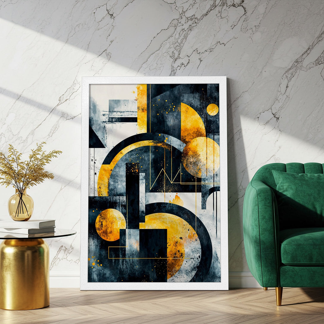Framed Poster featuring abstract geometric art in navy, yellow, and white. Modern wall decor to elevate your space.