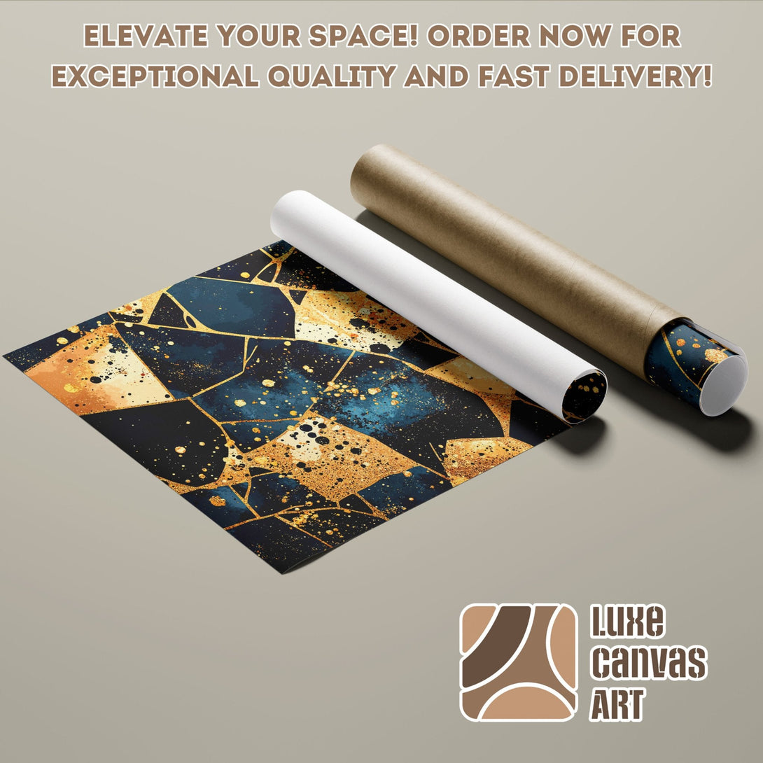 Abstract art Poster Roll in navy, gold, and orange. Elevate your space with Luxe Canvas Art!