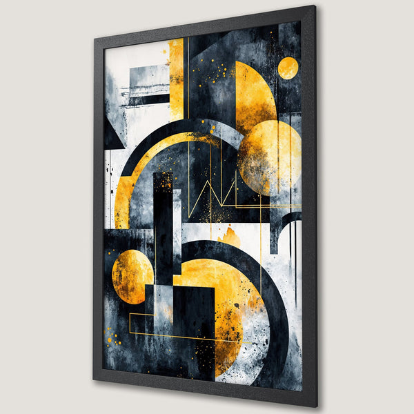 Framed Poster featuring abstract art with geometric shapes in a modern style. Color palette includes black, white, and yellow. Perfect wall decor!