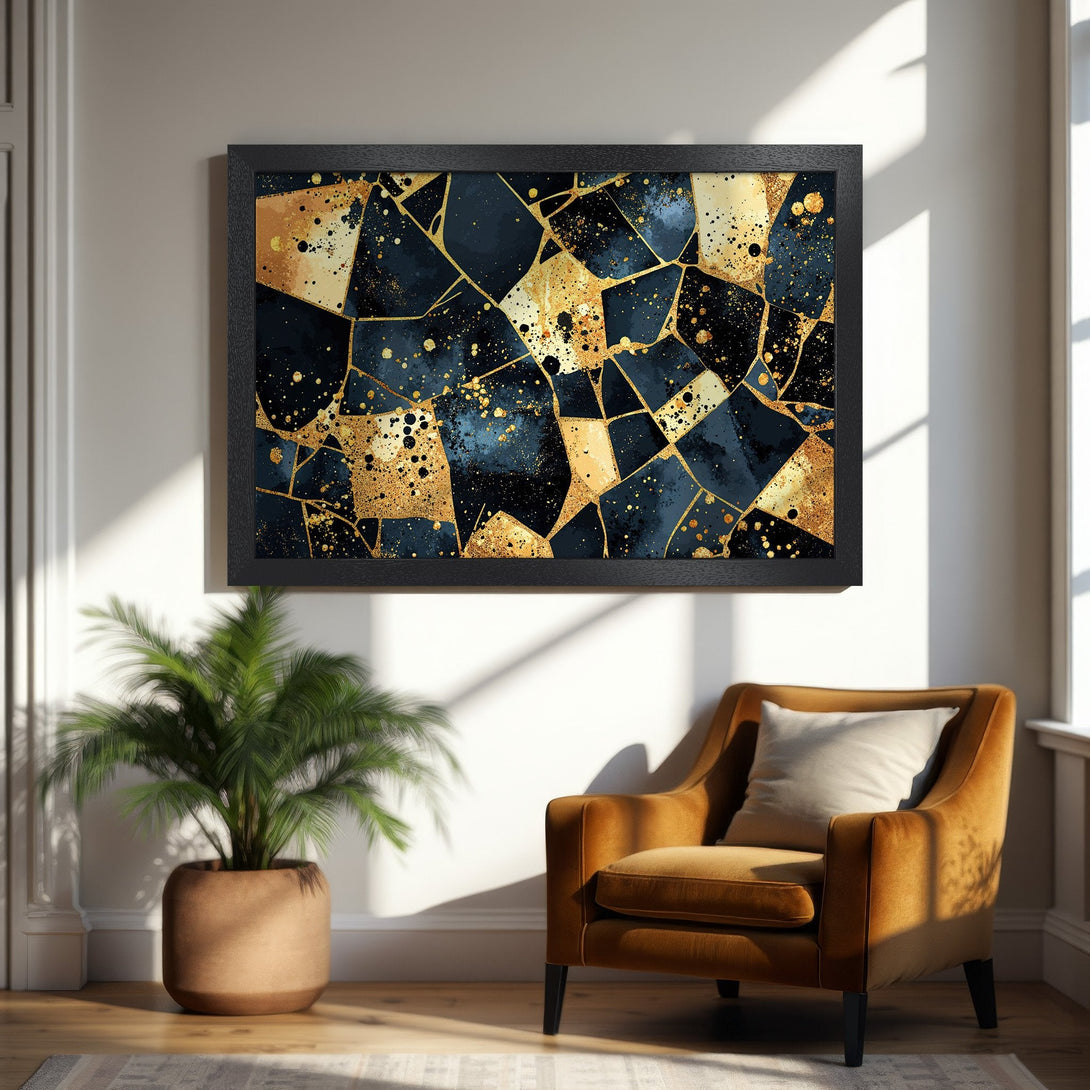 Framed Poster featuring abstract geometric art in navy, gold, and black. Modern art print for home decor.