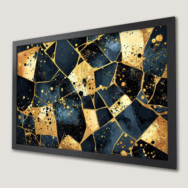 Framed Poster: Abstract art in navy, gold, and black. Modern, geometric design for stylish home decor.