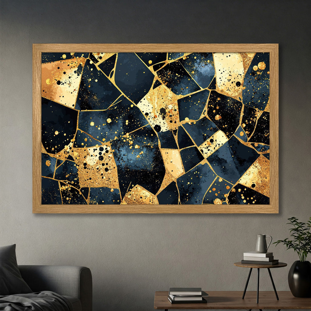 Framed Poster featuring abstract geometric design with navy, gold, and beige color palette. Modern art poster for home decor.