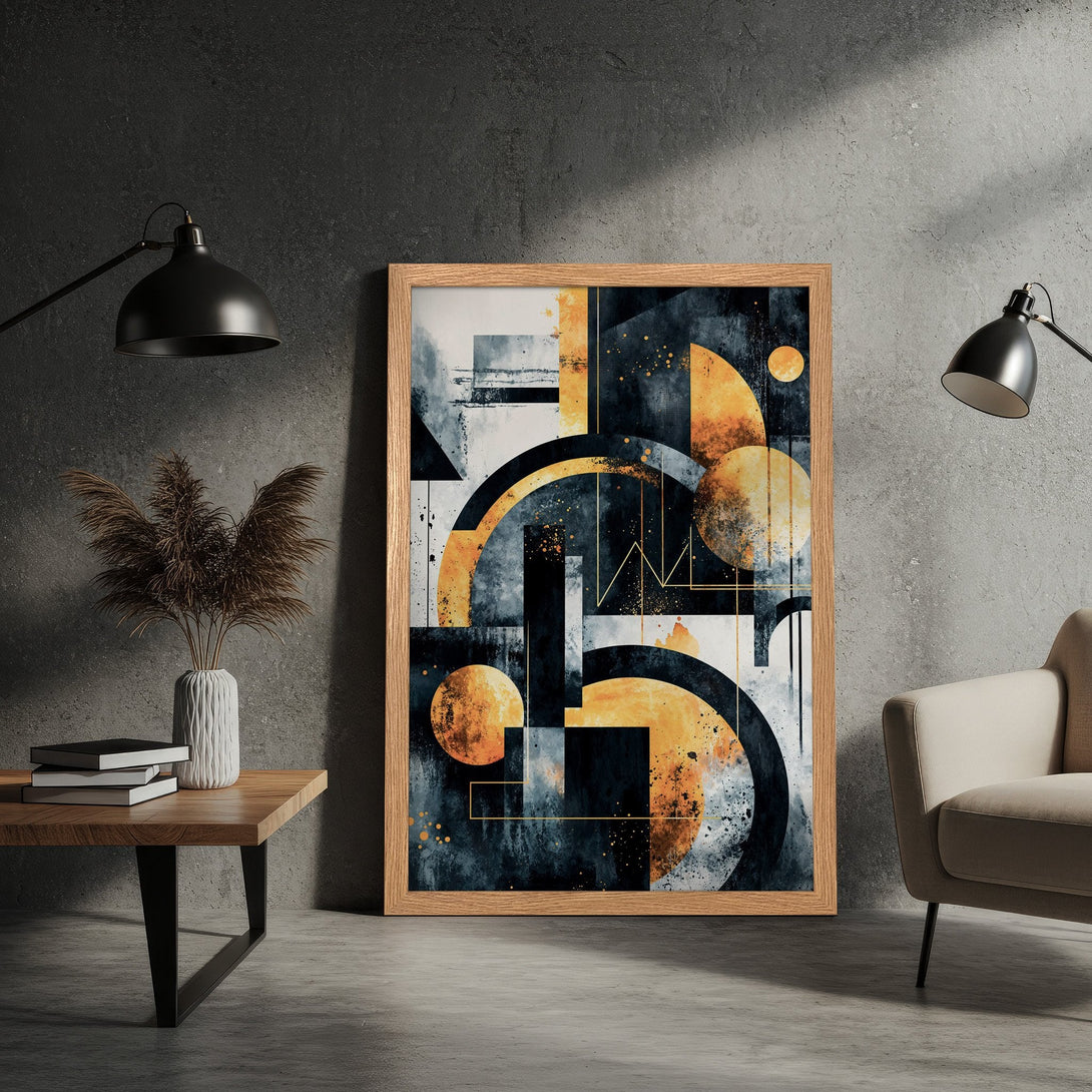 Framed Poster featuring abstract geometric art in a modern style with a navy, gold, and gray color palette. Perfect wall decor!