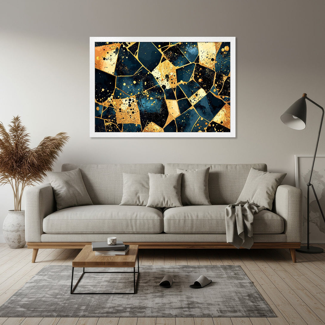 Framed Poster featuring abstract geometric art in navy blue, gold, and black, perfect for modern home decor.
