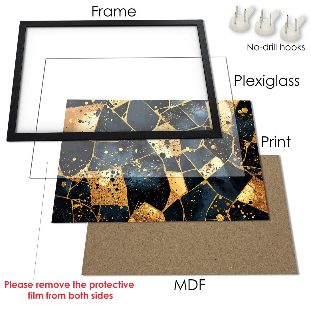 Framed Poster: Abstract art print with gold accents, navy & black color palette. Elevate your space with this stunning poster!