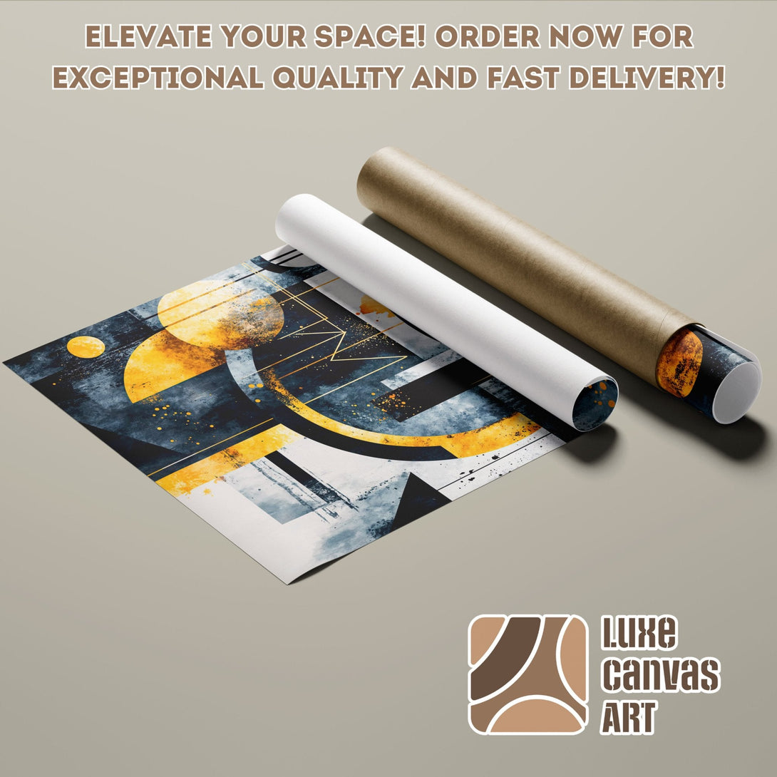 Abstract art poster roll in blue, yellow, and gold. Elevate your space with this stunning poster!