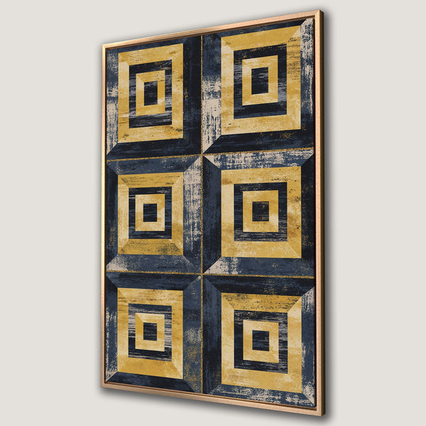 Framed Wall Art featuring an abstract geometric design in a navy and gold color palette. Modern art perfect for any interior.