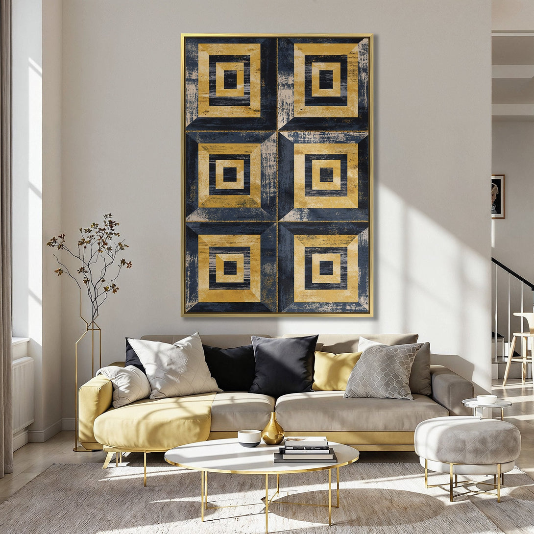 Abstract Canvas Print in a kitchen setting, featuring a geometric design with navy, gold, and cream tones. Perfect wall art for modern decor.