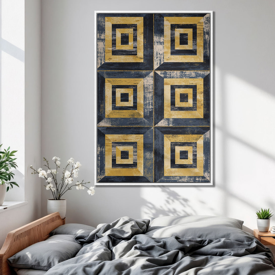 Framed Wall Art featuring an abstract geometric design in navy and gold. Modern art print perfect for bedroom decor.