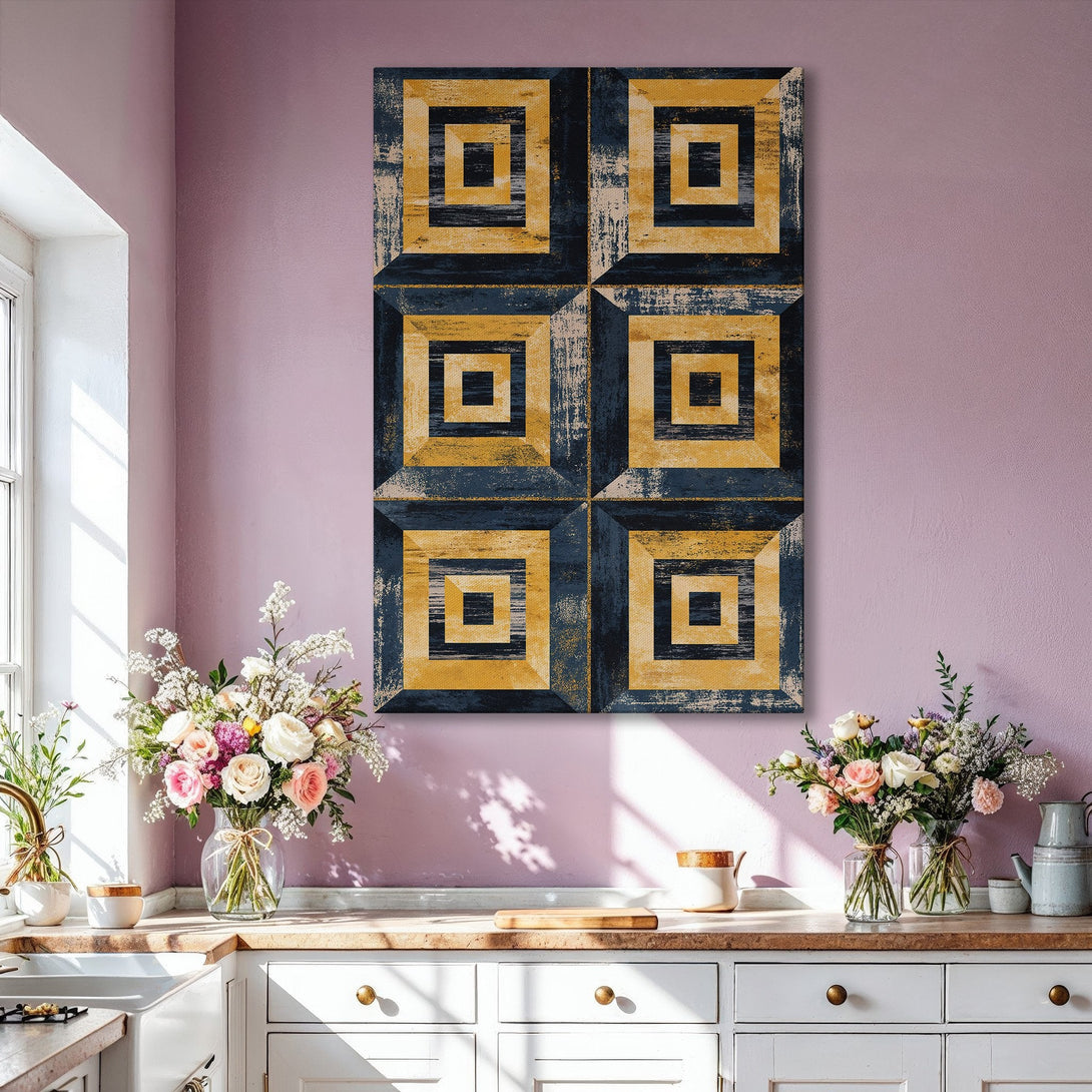 Framed Wall Art featuring an abstract geometric design in navy blue and gold, perfect for modern living rooms. Enhance your decor with this stylish canvas print.