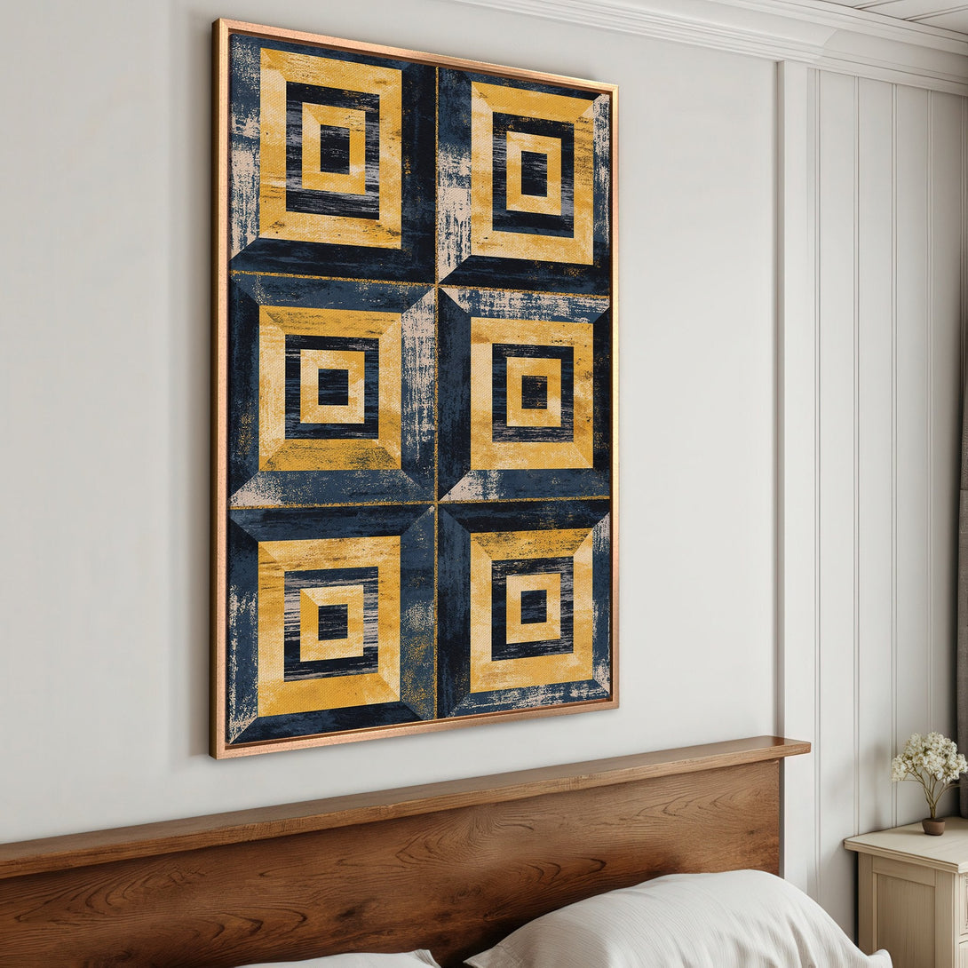 Framed Wall Art featuring a geometric design in navy blue and gold. Modern abstract art canvas print for bedroom decor.
