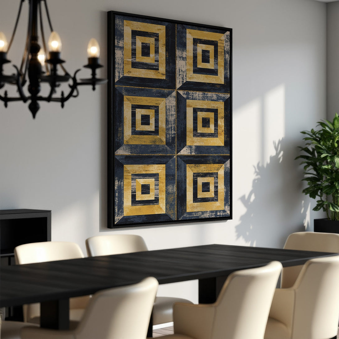 Framed Wall Art featuring a geometric design in navy and gold. Modern abstract canvas print adds a touch of elegance to any dining room.