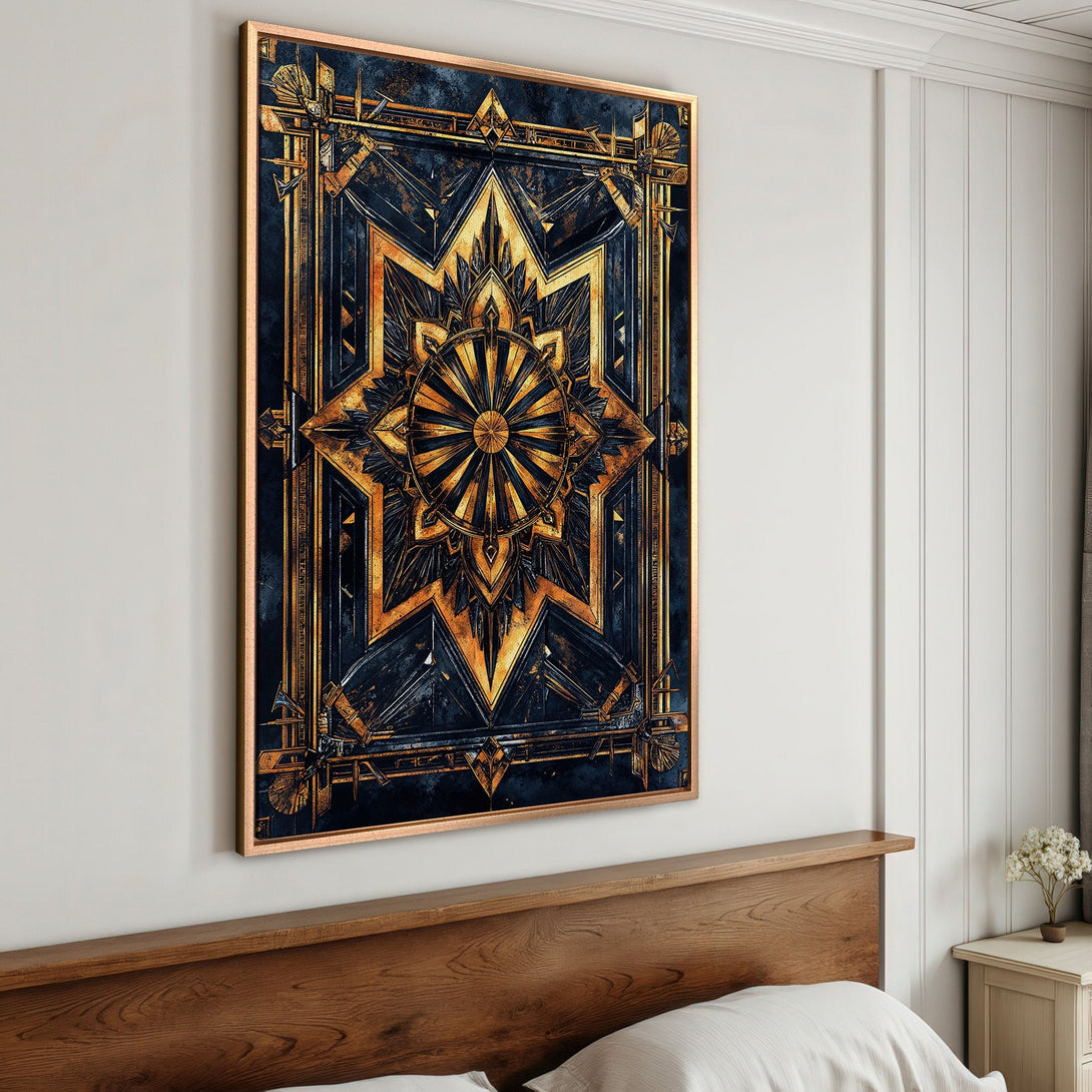 Framed Wall Art: Art Deco geometric design in gold and navy blue. Stunning canvas print for modern home decor.