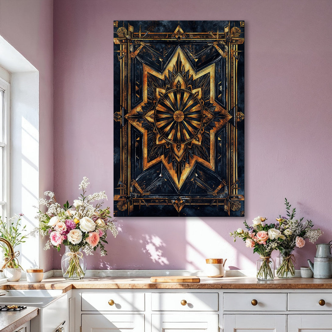 Framed Wall Art: Stunning Art Deco design in gold and navy blue. Elevate your space with this elegant Canvas Print, perfect for a modern interior.