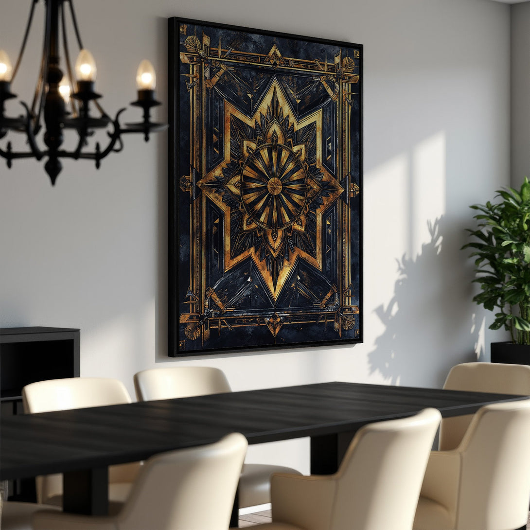 Framed Wall Art: Art Deco Canvas Print in gold and navy blue. Adds a touch of luxury and sophistication to any dining room. Shop now!