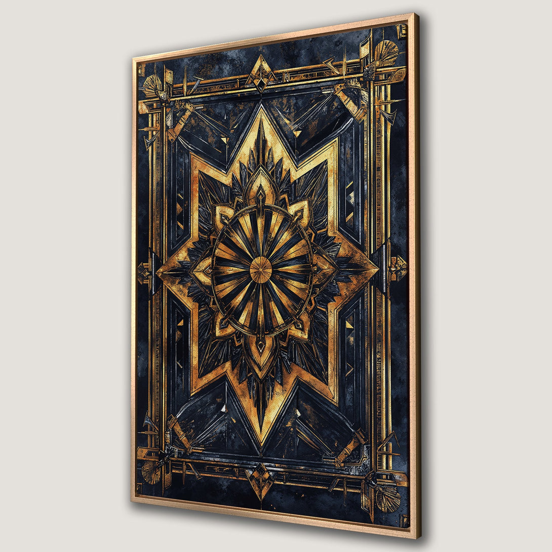 Framed Wall Art featuring an Art Deco design with a gold and navy blue color palette. Elevate your space with this stunning Canvas Print!