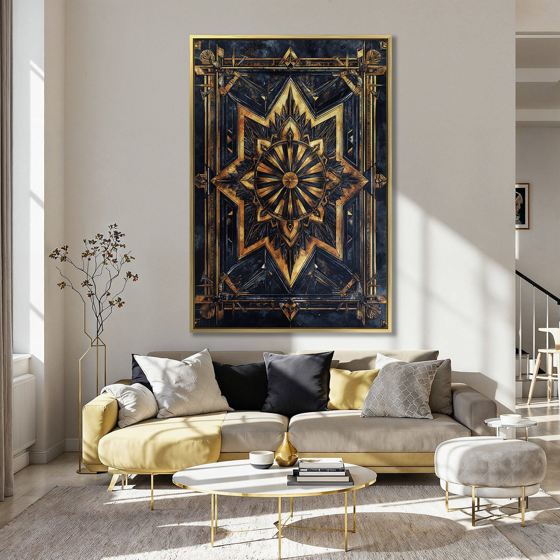 Canvas Print: Art Deco geometric design in gold and navy, perfect for adding a touch of luxury to your home decor.
