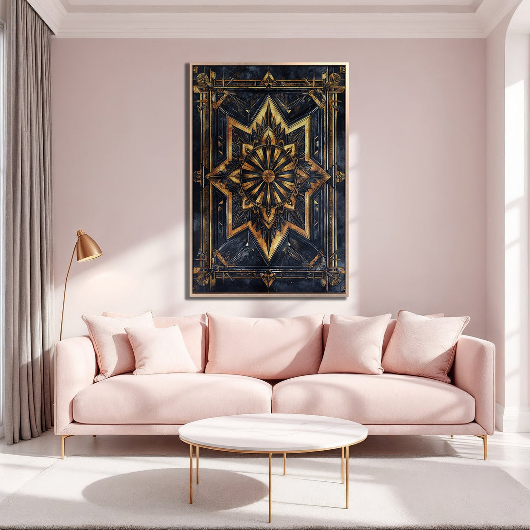 Framed Wall Art: Geometric gold and navy design canvas print in a stylish interior. Perfect for adding a touch of luxury to your space.