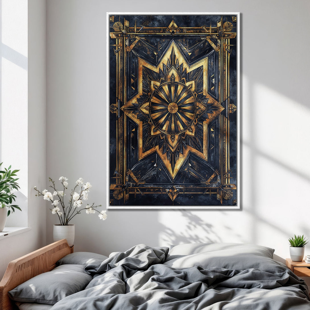 Framed Wall Art: Geometric gold and navy design. Art Deco style Canvas Print adds a touch of luxury to any bedroom decor.